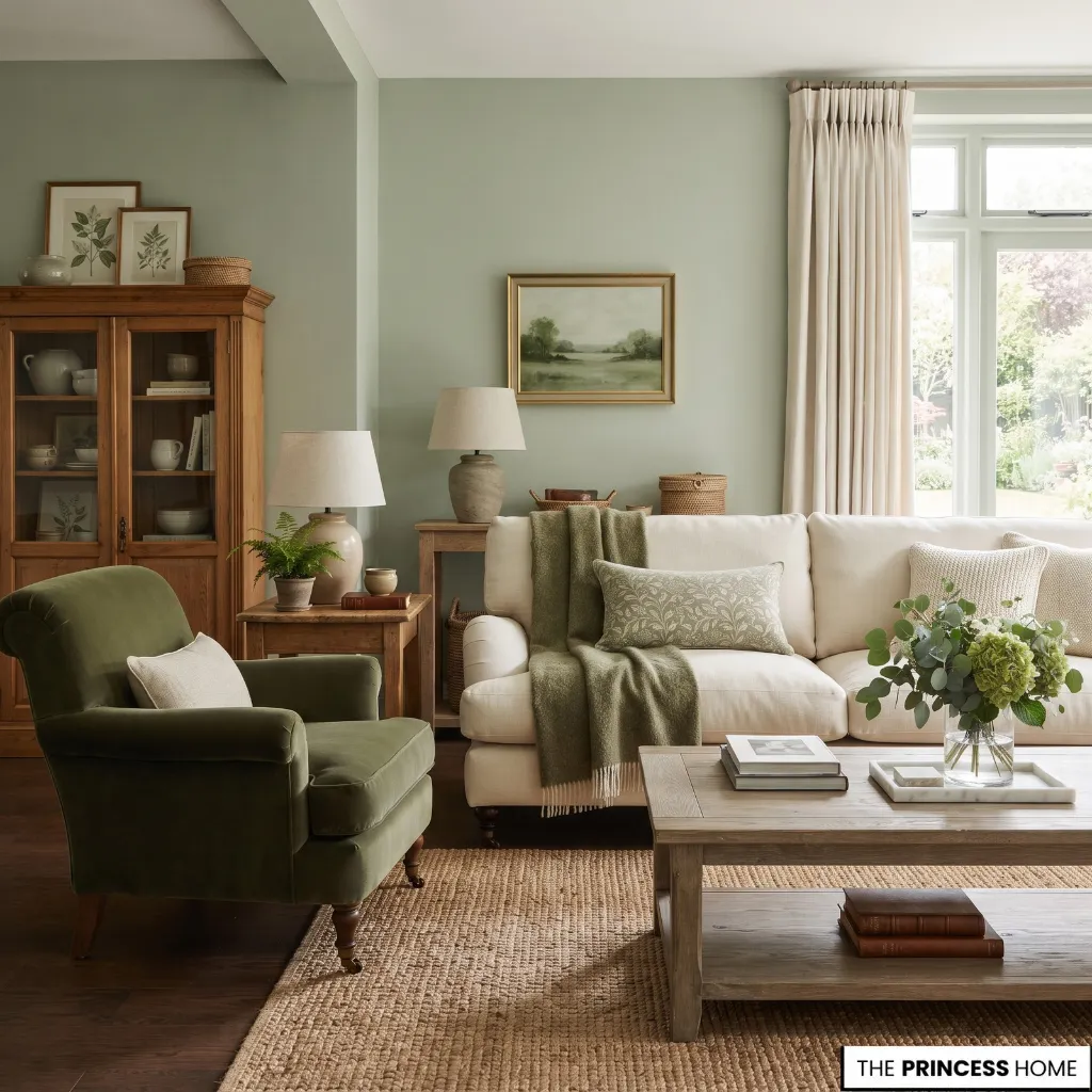 Living room with soft sage walls, olive upholstery, warm wood, cream textiles, and natural materials