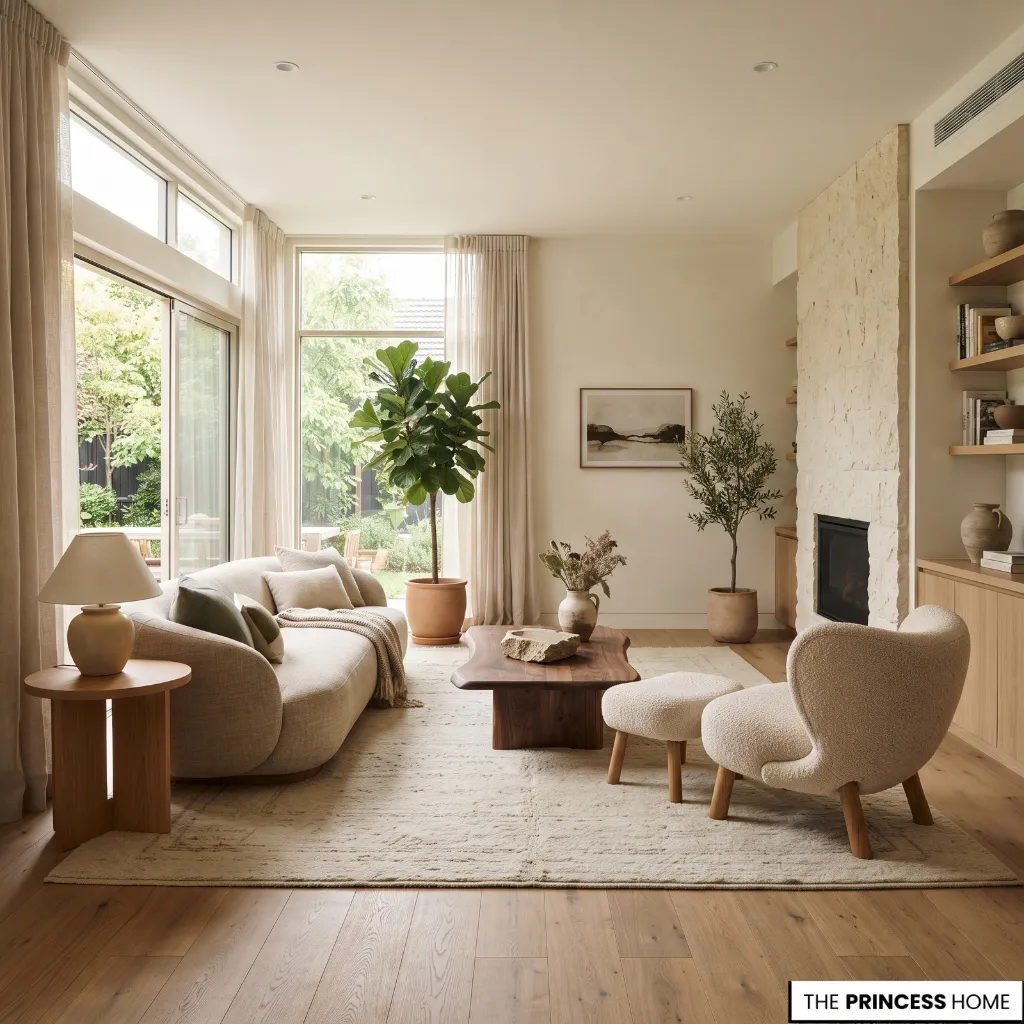 Living room using daylight, natural wood, stone, linen, organic forms, and a few plants
