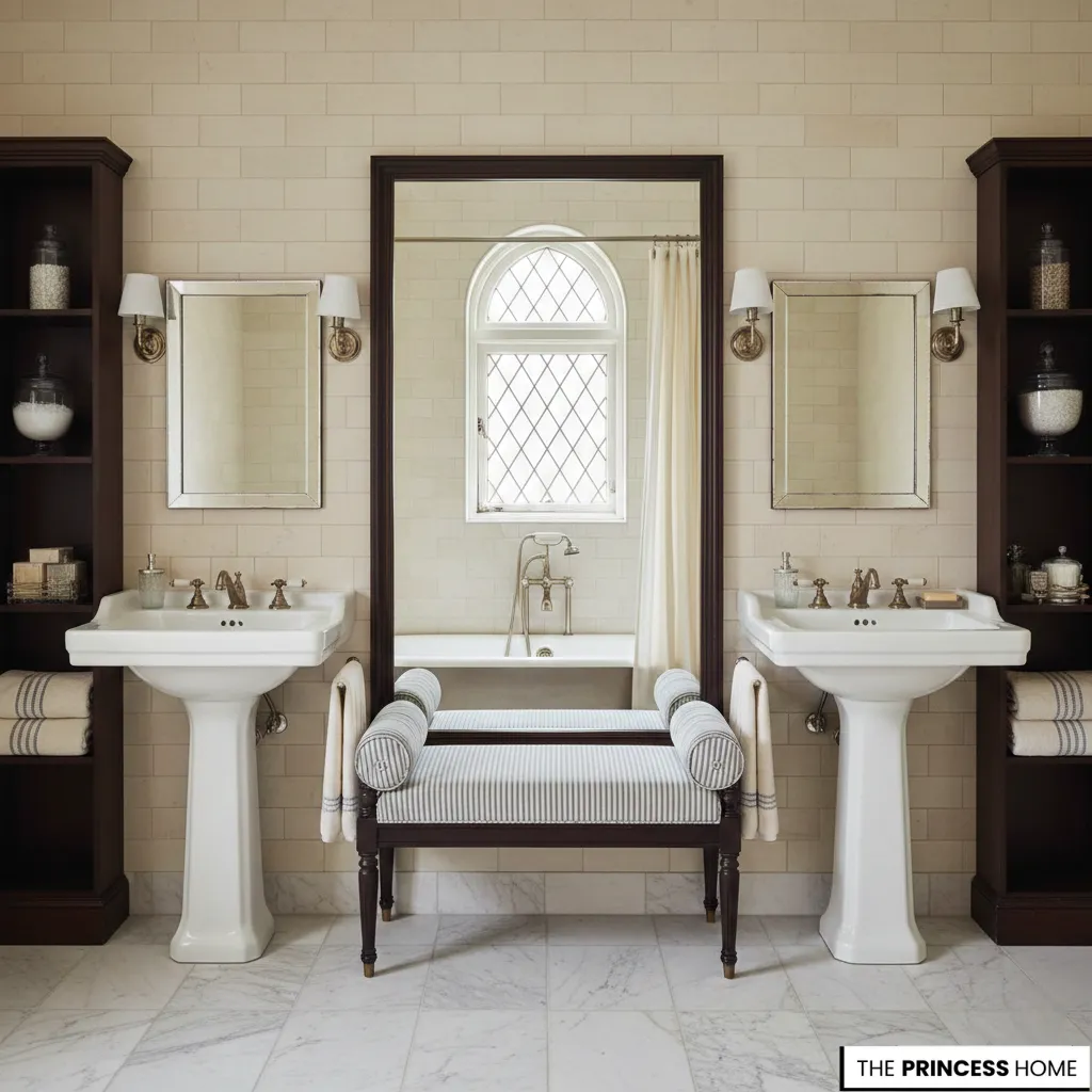 Symmetrical luxury bathroom with dual pedestal sinks, a striped bolster bench, a central full-length mirror, and marble flooring.