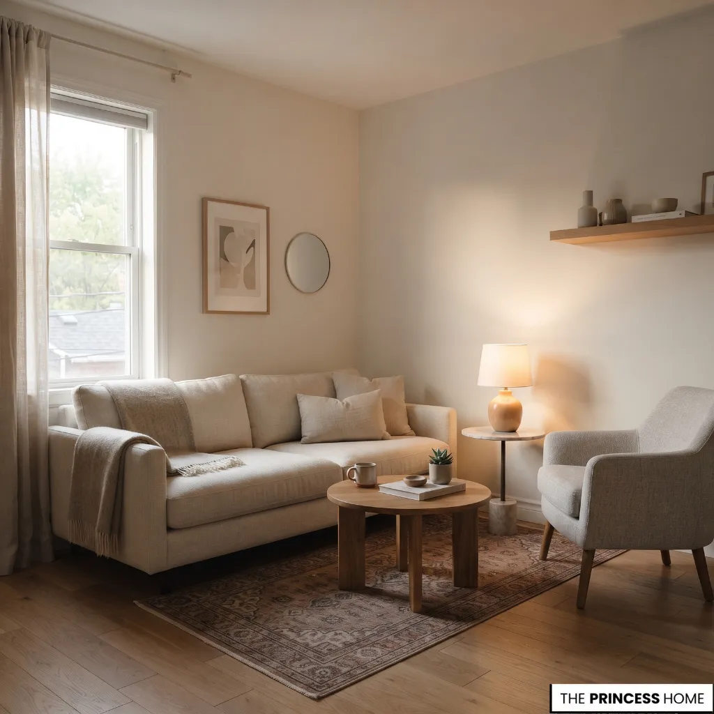 Small living room with warm neutral walls receiving soft natural daylight beside warm wood furnishings
