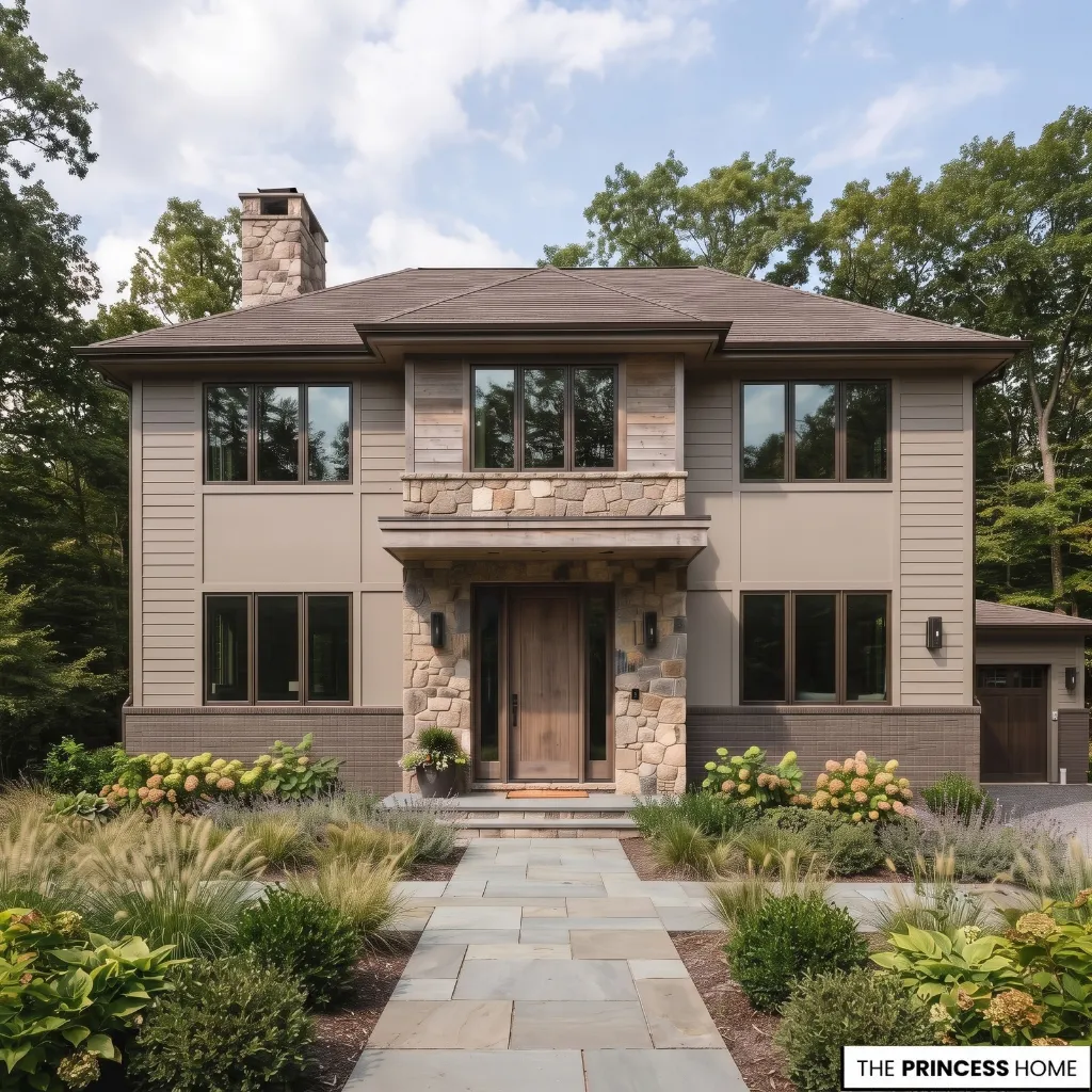 Warm exterior paint coordinated with stone, wood, brick, roofing, and metal details