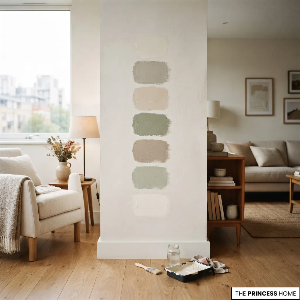 Physical paint samples displayed on a small apartment wall beside flooring and furnishings for color comparison