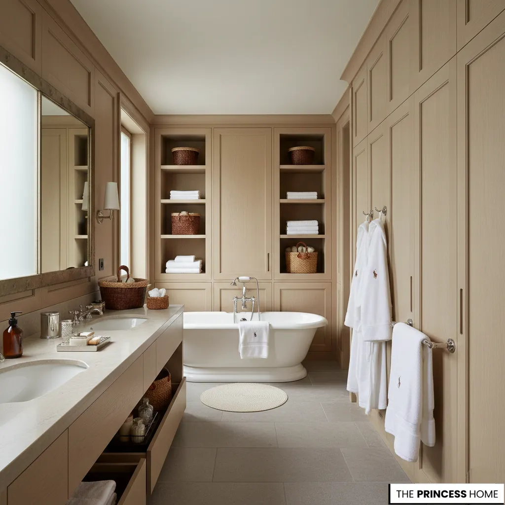 Luxury taupe bathroom featuring built-in cabinetry, woven storage baskets, double vanity, and a freestanding tub.
