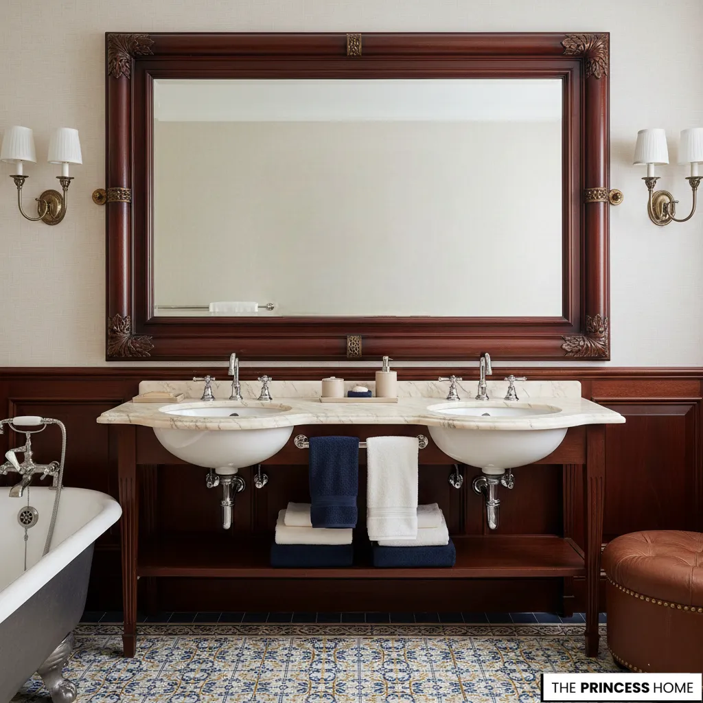 Luxury bathroom vanity with a large carved mahogany mirror, marble countertop, chrome fixtures, and patterned tile floor.