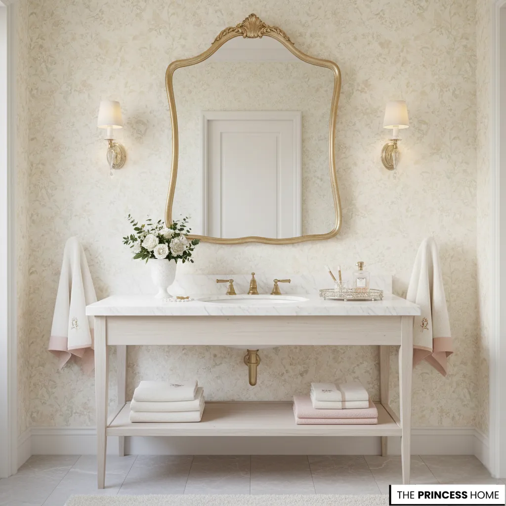 Elegant feminine bathroom vanity with a gold contoured mirror, botanical wallpaper, marble countertop, and pink-trimmed towels.