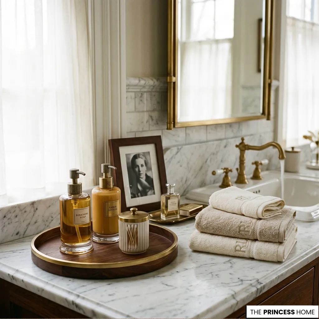 A Ralph Lauren Bathroom styling details with towels, glass dispensers, and brass accents in a luxury interior.
