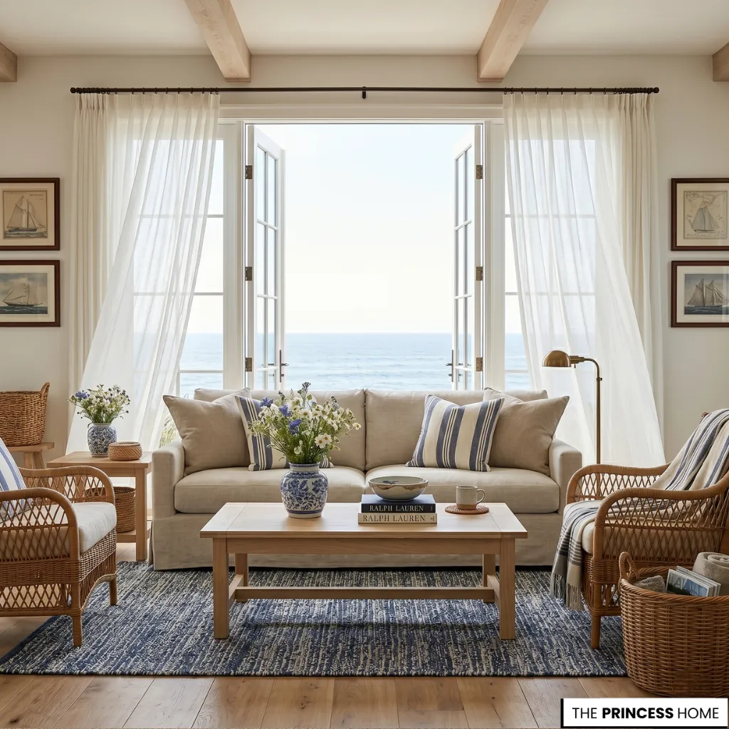 Ralph Lauren coastal living room with blue striped cushions, linen curtains, woven baskets, and ocean view.