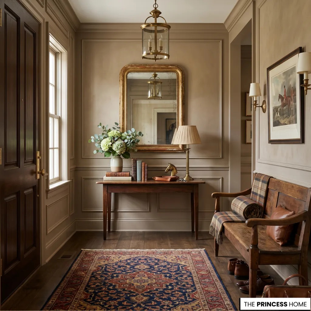 A Ralph Lauren decor entryway with mirror, bench, and warm welcoming natural light