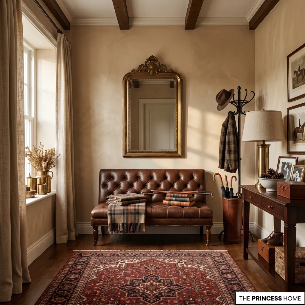 A Ralph Lauren decor interior highlighting leather, linen, and wood textures in warm natural light