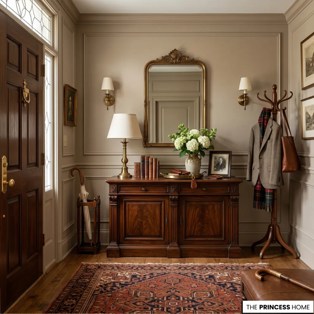 A Ralph Lauren decor inspired entryway with dark wood console and warm natural lighting