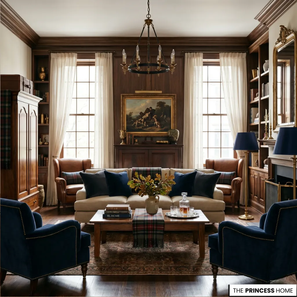 A Ralph Lauren inspired interior with layered warm tones, velvet textures, and brass lighting in a luxurious modern apartment