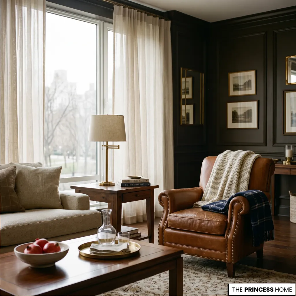 A Ralph Lauren inspired interior highlighting leather, linen, wool, and brass textures in a warm luxury living space
