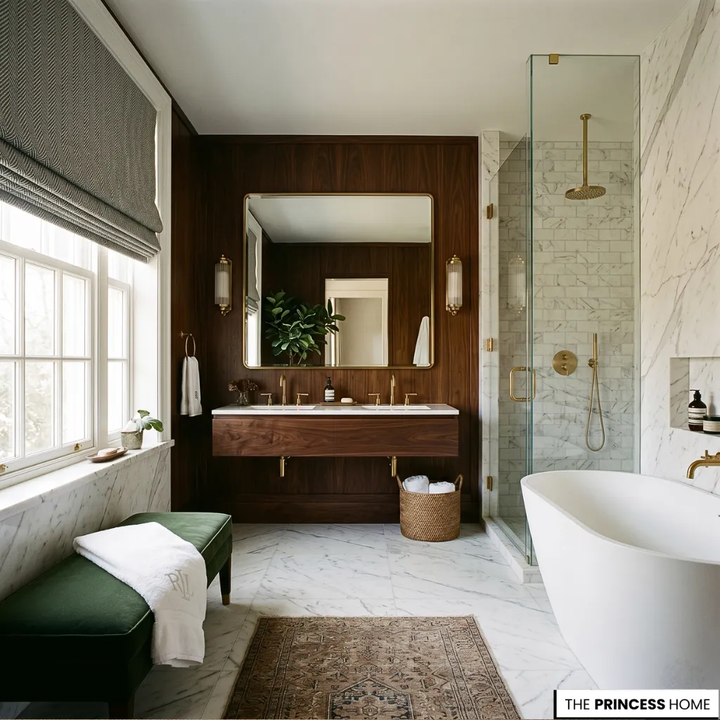 A Ralph Lauren Bathroom modern classic design blending marble, wood, and brass in a luxury interior space.