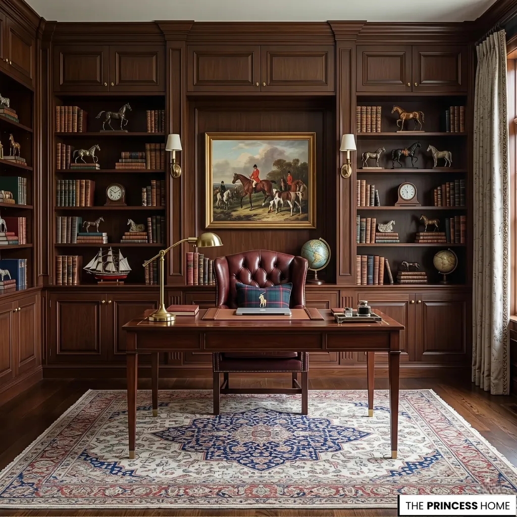 A Ralph Lauren office decor interior blending modern furniture with heritage leather and wood study elements