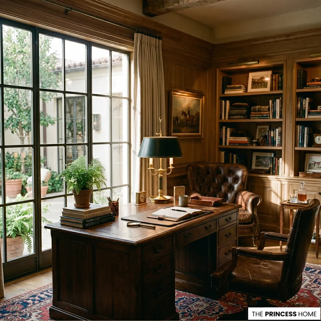 A Ralph Lauren office decor workspace where natural light shifts across wood, leather, and brass surfaces