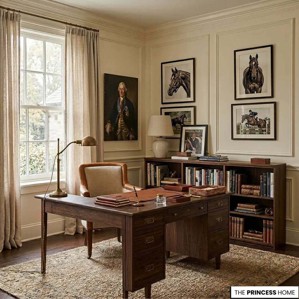 A Ralph Lauren office decor interior highlighting wood, leather, and woven textures in a calm luxury workspace