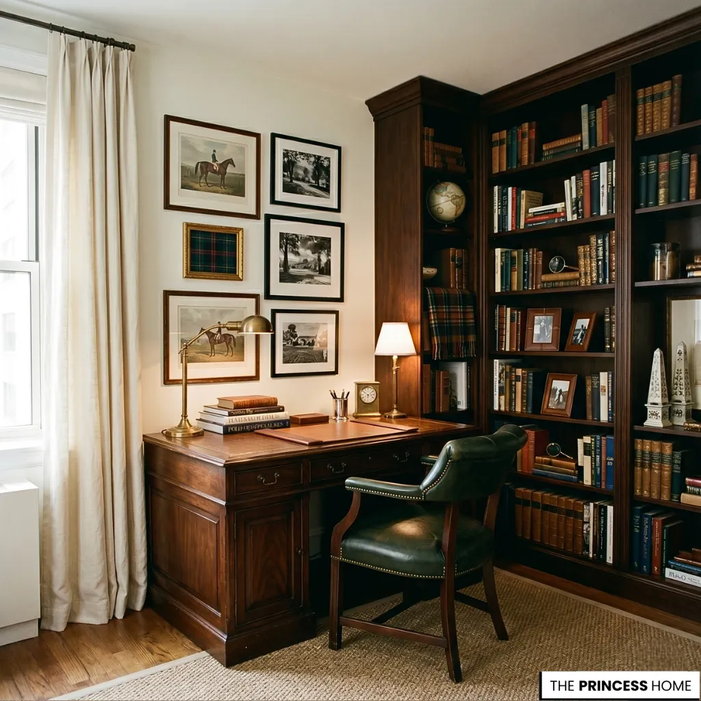 A Ralph Lauren office decor small home office combining functionality with luxury leather and wood materials in warm lighting