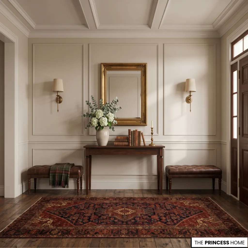 A Ralph Lauren decor interior focusing on calm minimal luxury with natural light and dark wood elements