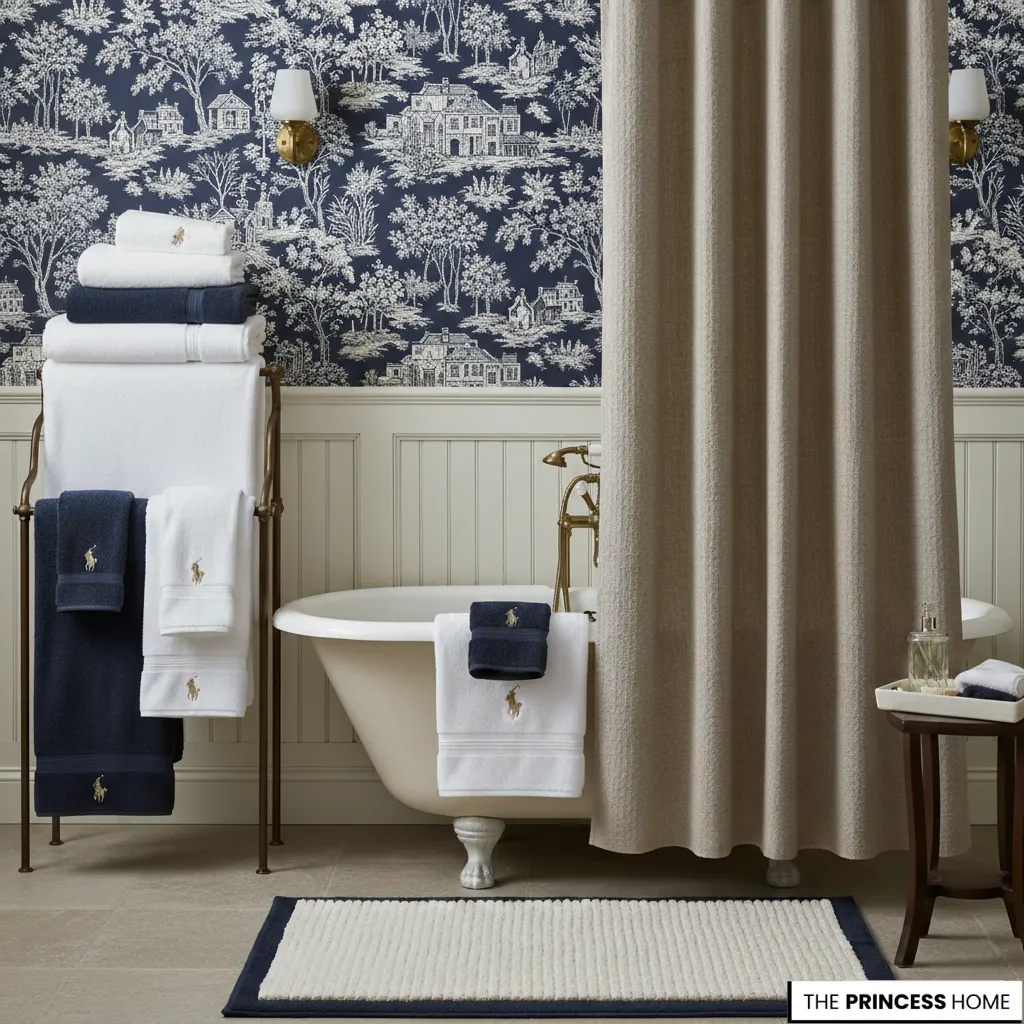 Luxury bathroom with navy toile wallpaper, clawfoot tub, brass fixtures, and monogrammed navy and white towels.