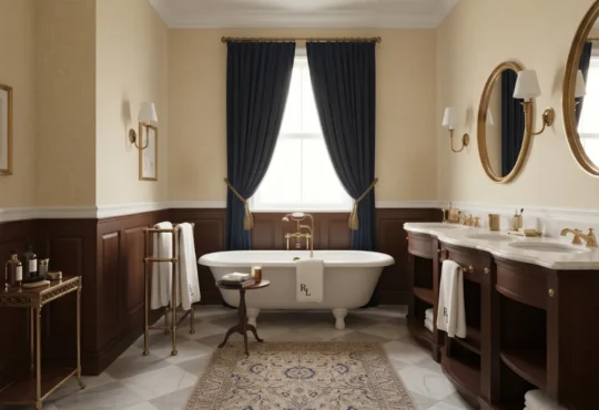 Grand luxury bathroom with mahogany wood paneling, clawfoot tub, deep navy velvet drapes, and dual marble vanities.