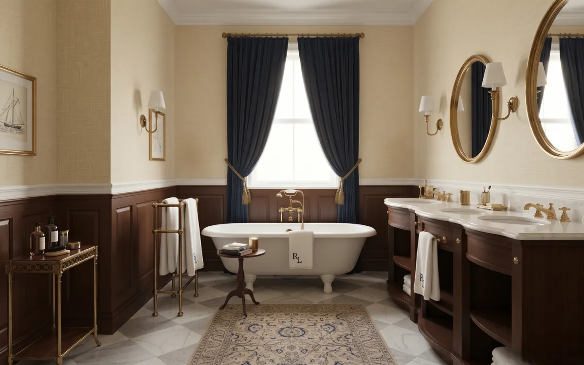 Grand luxury bathroom with mahogany wood paneling, clawfoot tub, deep navy velvet drapes, and dual marble vanities.