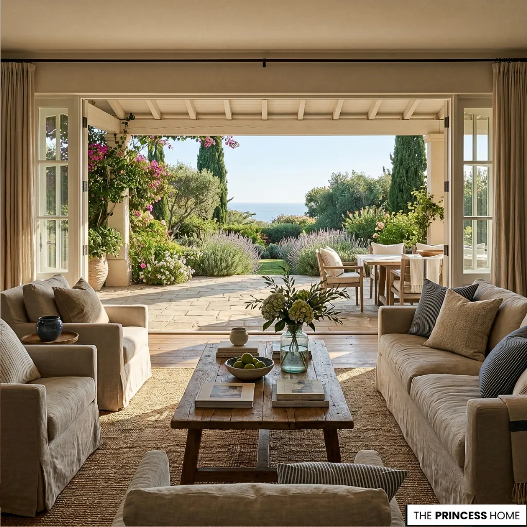 A Ralph Lauren summer atmosphere interior with soft light, linen textures, and seamless indoor outdoor luxury living