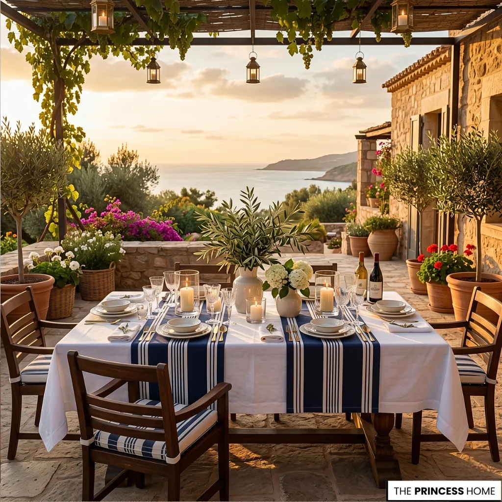 A Ralph Lauren summer evening dining terrace with linen table settings, candlelight, and elegant coastal-inspired styling