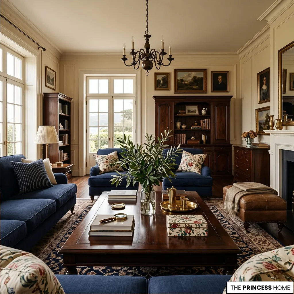 A Ralph Lauren summer heritage interior with dark wood furniture, brass accents, and elegant layered styling