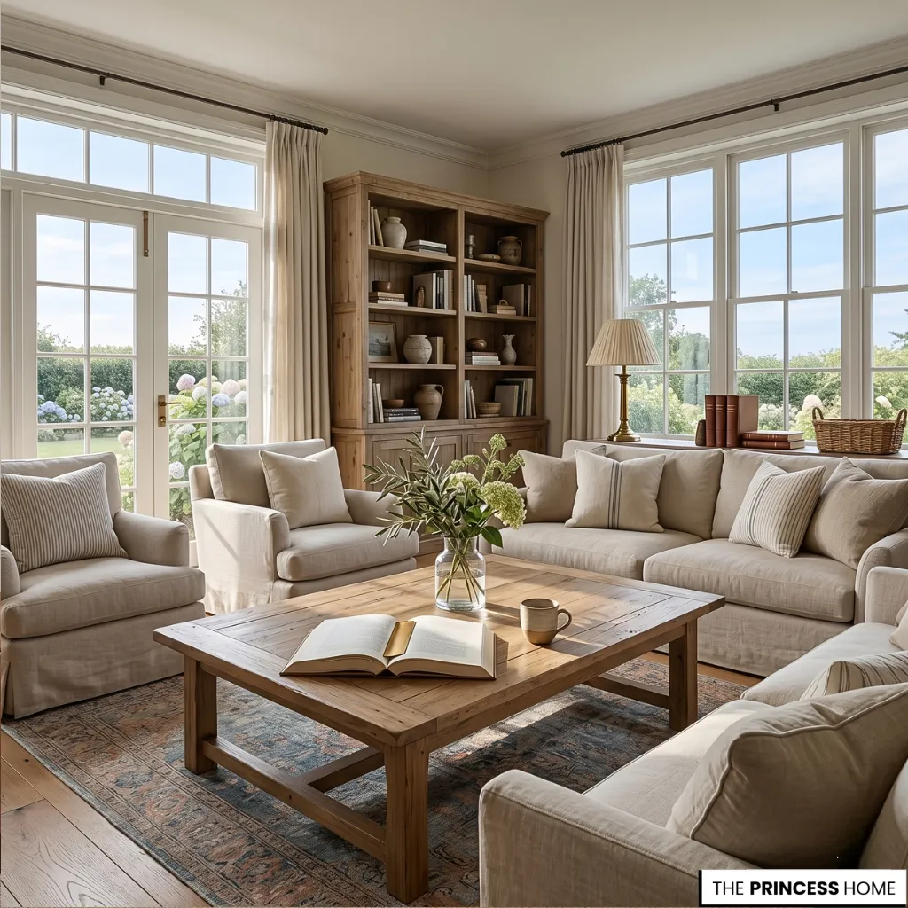 A Ralph Lauren summer morning interior with soft sunlight, linen textures, and quiet luxury living atmosphere