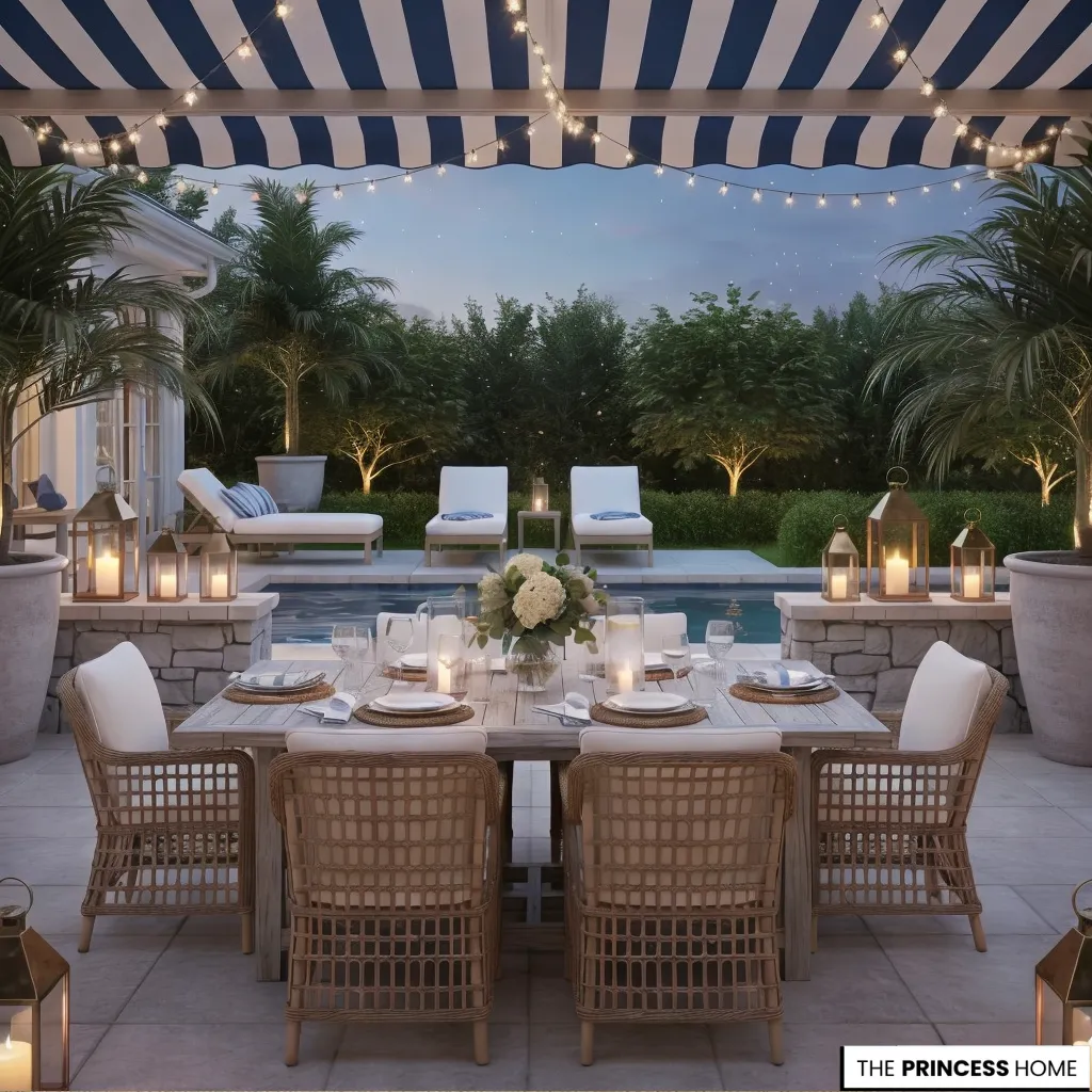 Ralph Lauren style outdoor dining patio with woven chairs, striped awning, lanterns, and a pool.