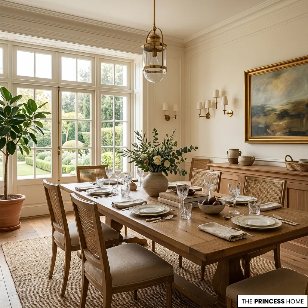 A Ralph Lauren summer quiet luxury interior featuring crystal glassware, ceramics, and soft natural light