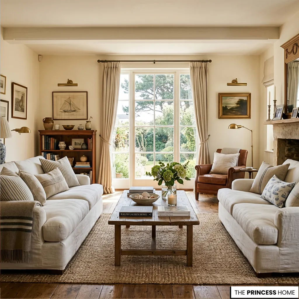 A Ralph Lauren summer inspired refined living room with linen fabrics, soft neutral tones, and natural sunlight atmosphere