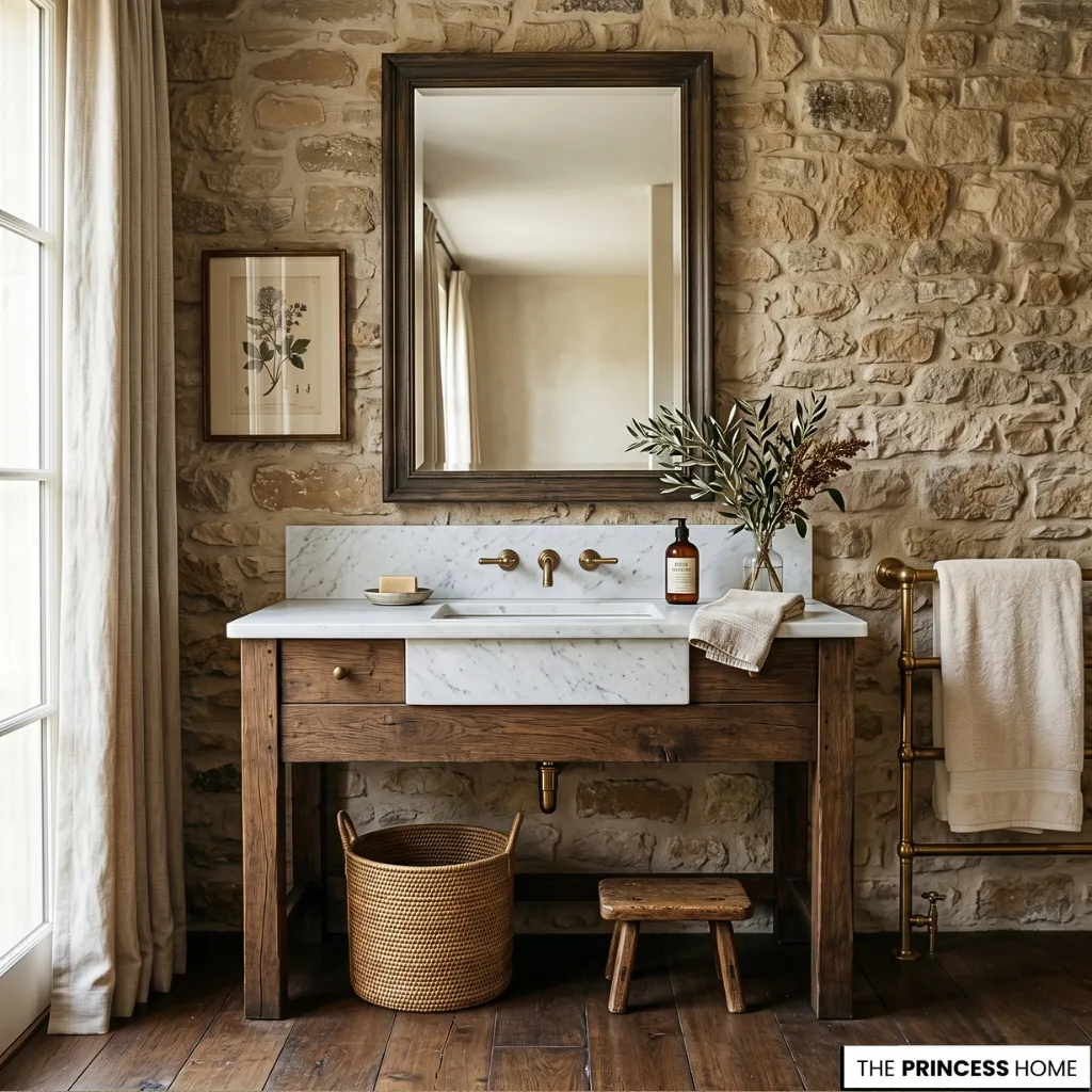 A Ralph Lauren Bathroom timeless aesthetic with marble, wood, and soft lighting in a calm luxury interior.