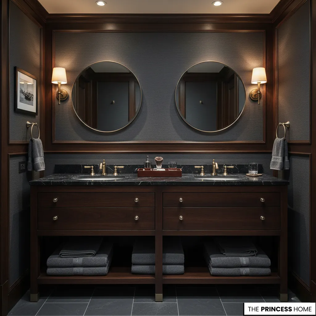 Luxury masculine bathroom with dark wood paneling, double vanity, black marble counter, and circular mirrors.