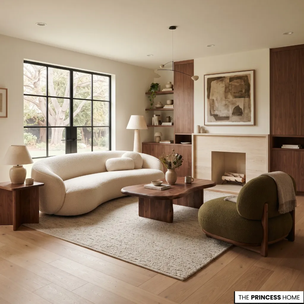 Living room with a curved sofa, rounded chair, and distinctive coffee table arranged for comfortable circulation