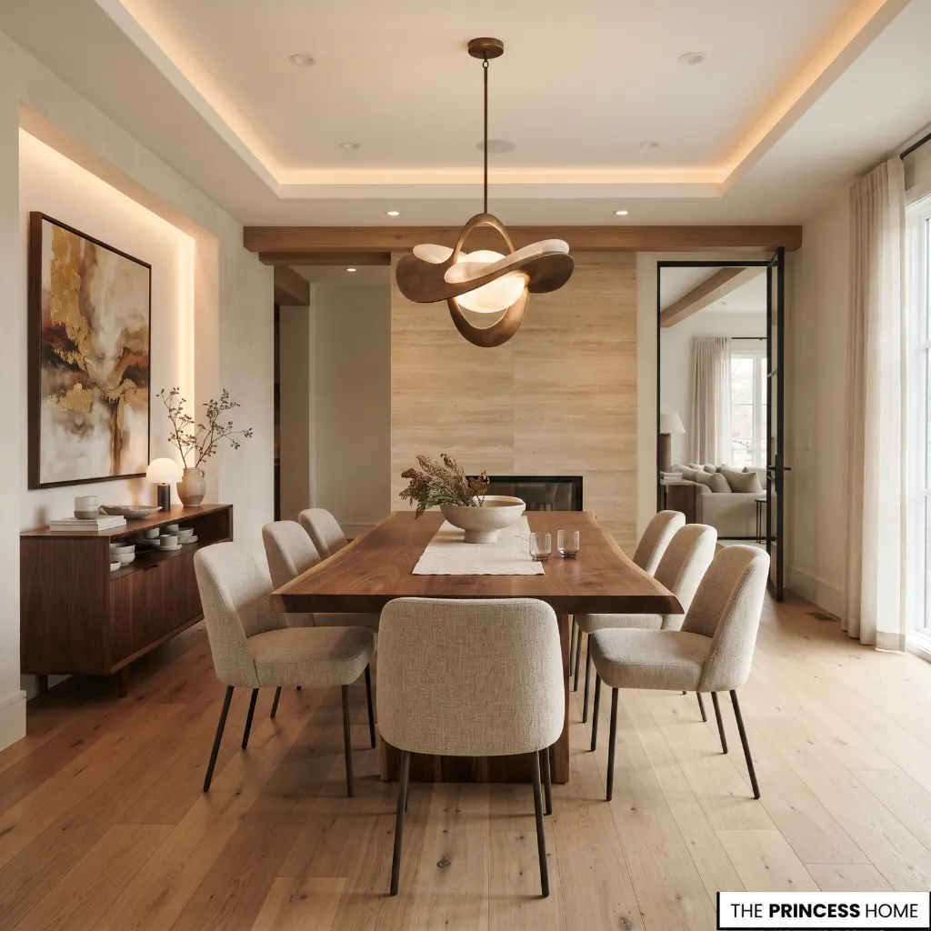 Dining room with a distinctive pendant, ambient illumination, and accent lighting over a substantial table