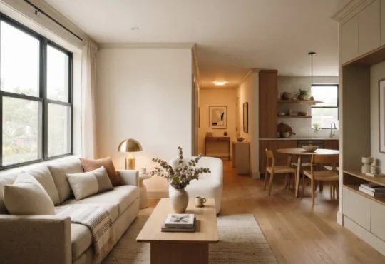 Modern small apartment with coordinated warm neutral walls, natural wood, soft furnishings, and connected living spaces