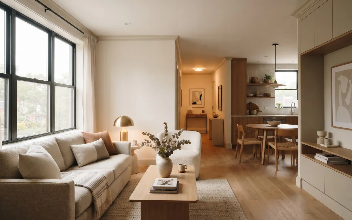 Modern small apartment with coordinated warm neutral walls, natural wood, soft furnishings, and connected living spaces