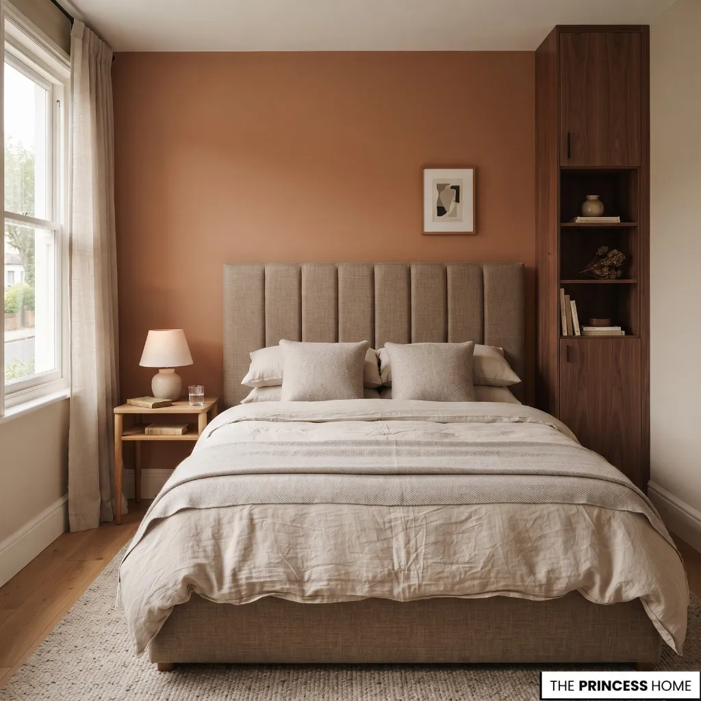 Small bedroom using a strong headboard, vertical storage, selective texture, and clear circulation.