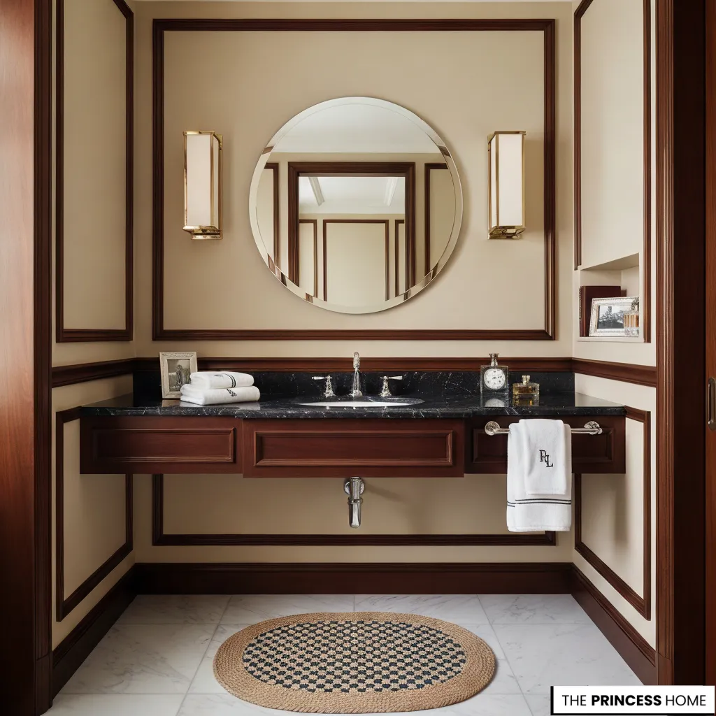 Compact luxury bathroom with mahogany wood trim, black marble floating vanity, and a large round mirror.