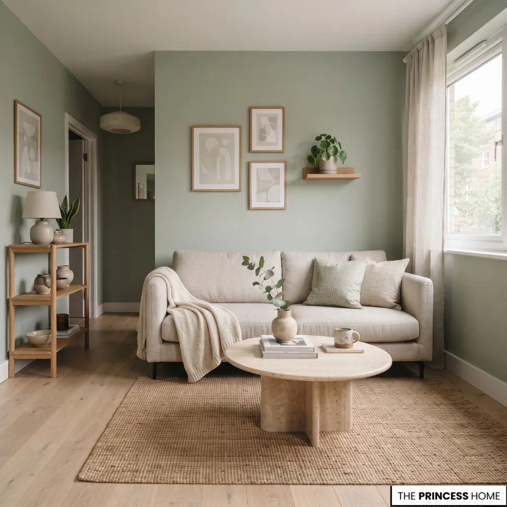 Compact apartment living room with muted soft green walls, natural wood, linen furnishings, and restrained decor