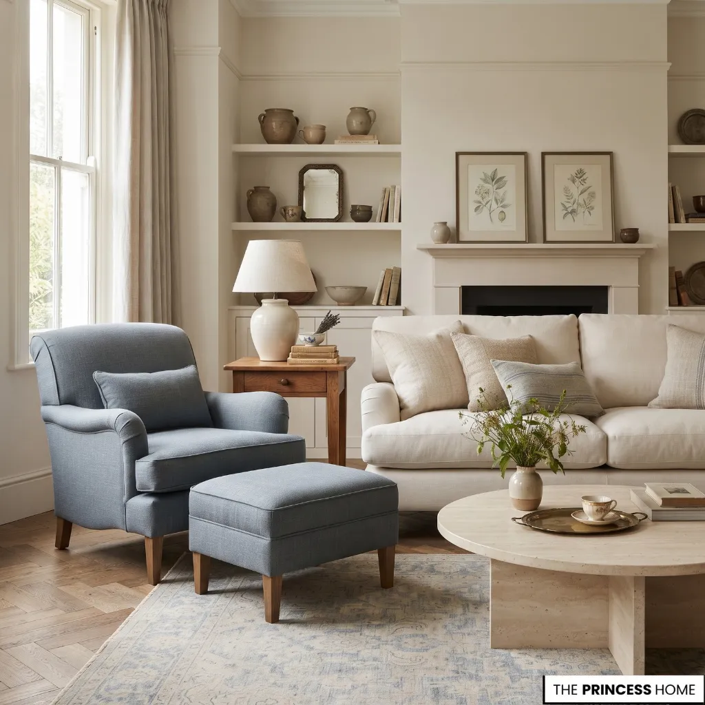 Refined sitting area with smoky blue upholstery, warm wood, cream textiles, and stone