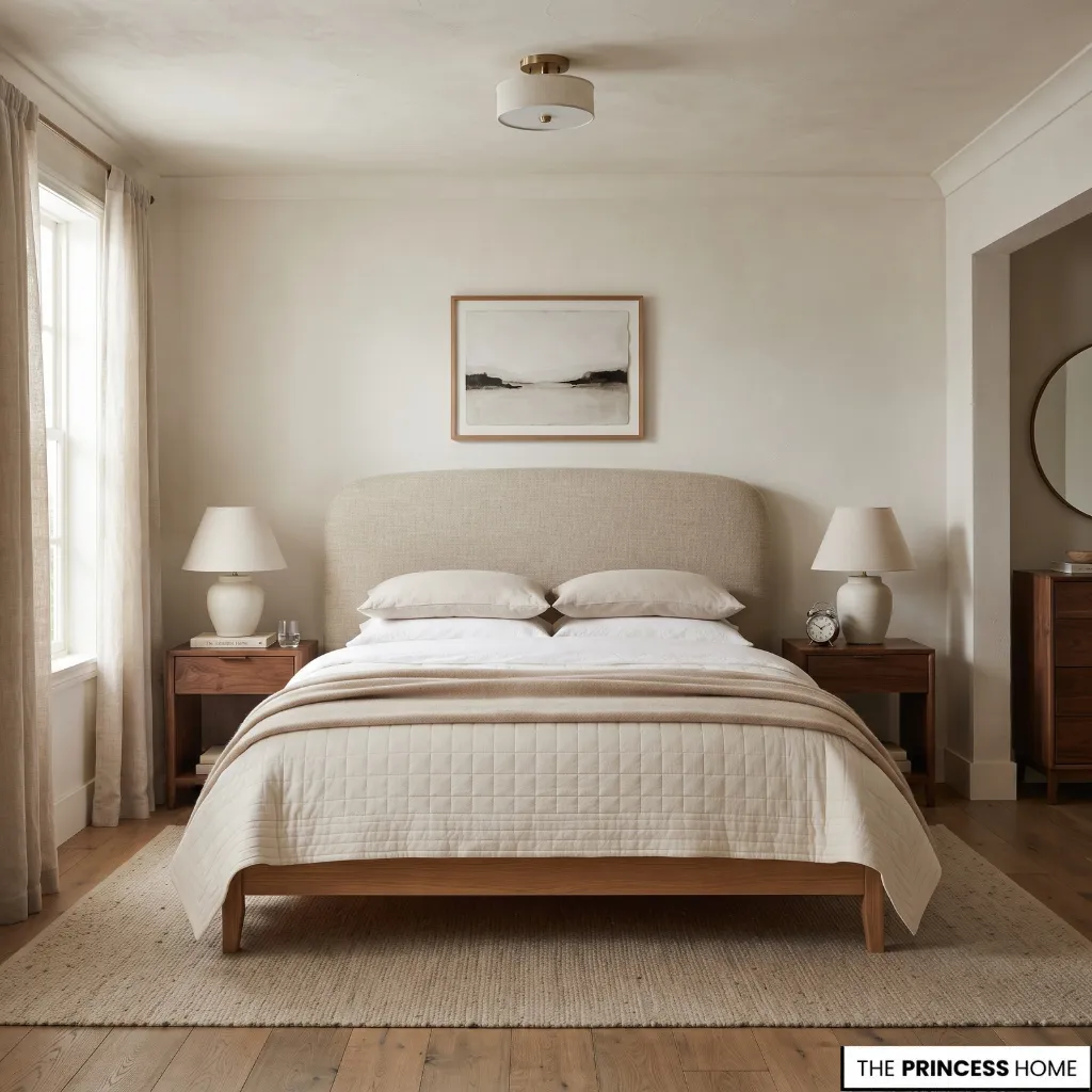 Bedroom centered on a substantial upholstered headboard with proportionate furniture and clear circulation.