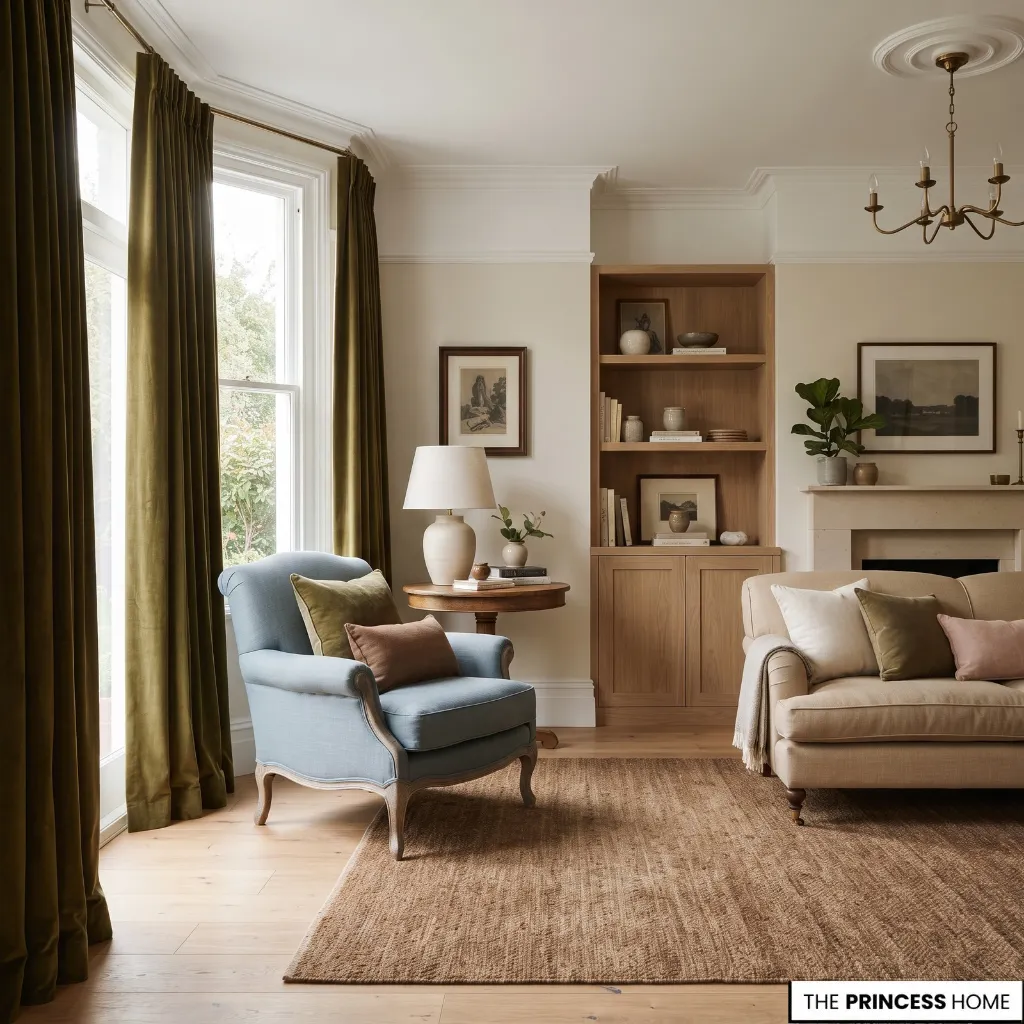 Living room using blue upholstery, olive curtains, earthy textiles, and neutral walls instead of covering every wall with color