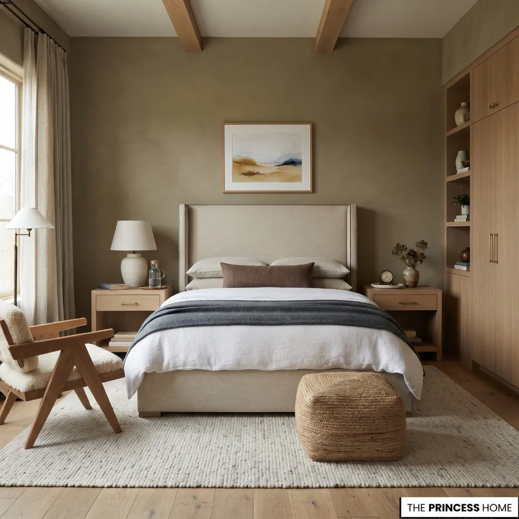 Timeless bedroom combining durable furniture with changeable textiles, artwork, and decorative accents.