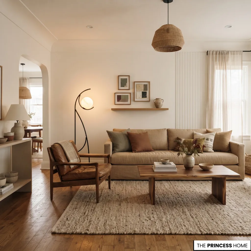 Living room using selected warm color, layered lighting, one vintage piece, and existing furniture without overcrowding