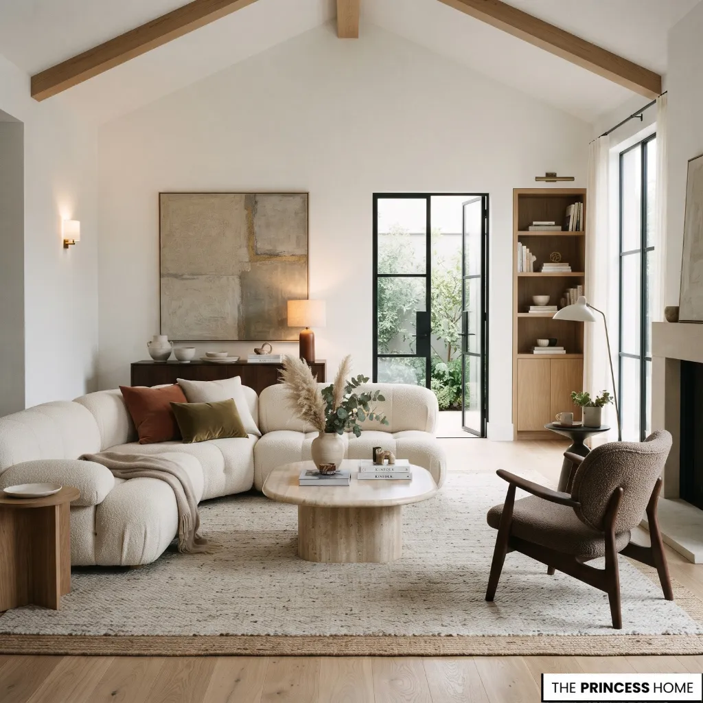 A bright vaulted-ceiling living room featuring a modular cream sectional sofa, a round travertine coffee table, and an accent armchair on a textured rug