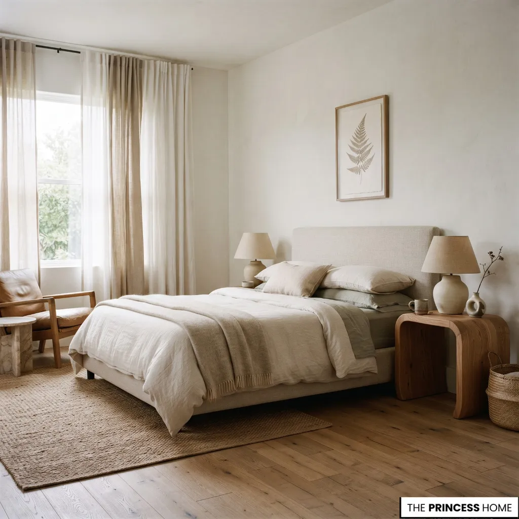 Bedroom combining a contemporary bed with vintage furniture and modern artwork.