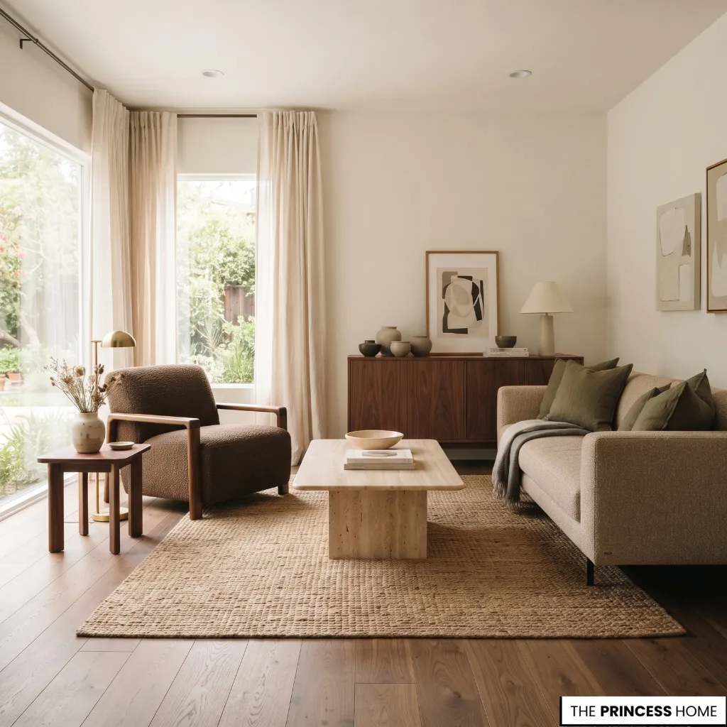 Living room using brown, olive, warm white, and natural wood in balanced proportions