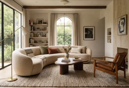 Warm modern living room combining natural materials, layered color, comfortable furniture, expressive lighting, and vintage accents